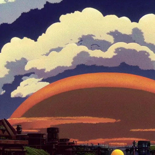 Image similar to atomic nucleus surrounded by clouds, energetic hope, studio ghibli