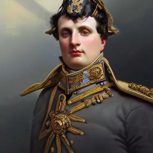 Image similar to portrait of divine emperor napoleon bonaparte, handsome, tall, dieselpunk steampunk napoleonic french baroque, metal shoulder pauldrons, intricate, highly detailed, digital painting, artstation, concept art, sharp focus, cinematic lighting, illustration, art by artgerm and greg rutkowski, alphonse mucha, cgsociety