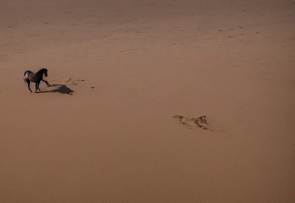 Image similar to a horse made out of flesh walking across sand dunes