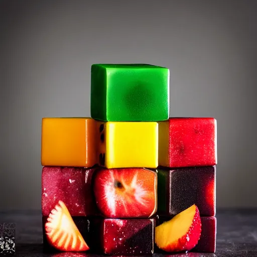 Image similar to edible rubic's cube made from fruit, food photography