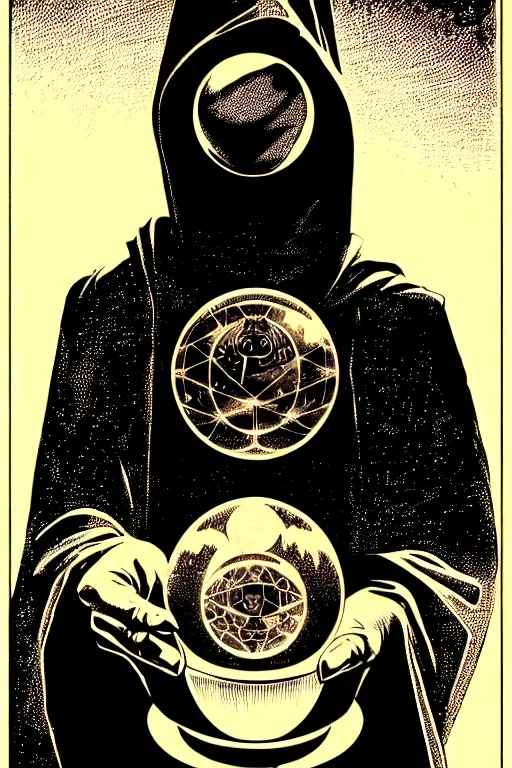 Image similar to sitting cloaked steampunk wizard holding crystal ball, high details, intricately detailed, by vincent di fate, inking, 3 color screen print, masterpiece, trending on artstation,, sharp, details, hyper - detailed, hd, 4 k, 8 k