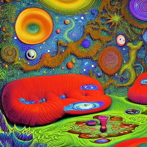 Image similar to psychedelic couch sofa in the lush forest, milky way, designed by moebius, rob gonsalves, gustav dore, giuseppe arcimboldo and carl barks, louis wain, trending on artstation, mediterranean, star, sharp focus, colorful refracted sparkles and lines, soft light, 8 k 4 k