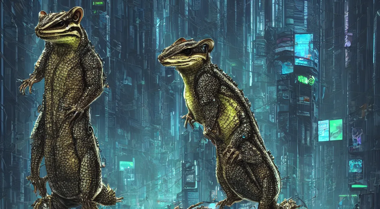 Image similar to Cyberpunk Alien chipmunk alligator hybrid in a dystopian city looking for trouble