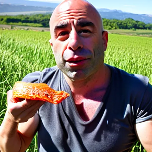 Image similar to joe rogan eating sushi on a sunny day in a field