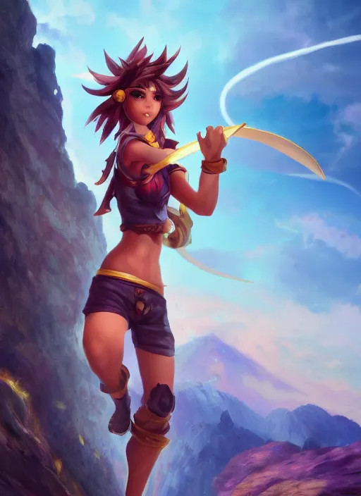 Image similar to youthful taliyah, from league of legends, au naturel, with abs, rock surfer, hyper detailed, mountain background, digital art, trending in artstation, cinematic lighting, studio quality, smooth render, unreal engine 5 rendered, octane rendered, art style by klimt and nixeu and ian sprigger and wlop and krenz cushart