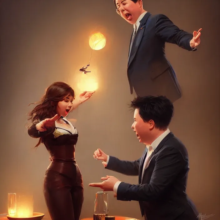 Image similar to michael mcintyre flirting with a singing waitress, elegant, real life skin, intricate artwork, high detailed, artstation, concept art, smooth, sharp focus, art by artgerm and greg rutkowski