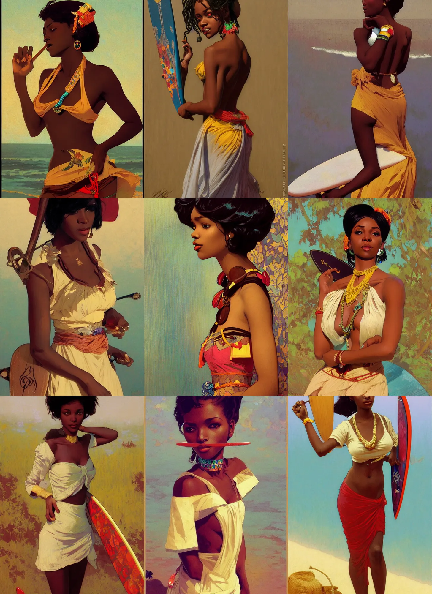 Prompt: pulp art, gorgeous maid, african girl with surfboard, iranian, wooden jewerly, elegant, vibrant, smooth, by ilya kuvshinov, craig mullins, edgar maxence, alphonse mucha, artgerm, sakimichan