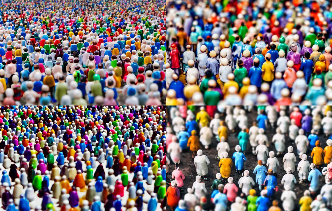 Prompt: A crowd of walking colourful porcelain people figurines close up, looking at their phones, Canon TS-E 17mm f/4, pristine quality wallpaper