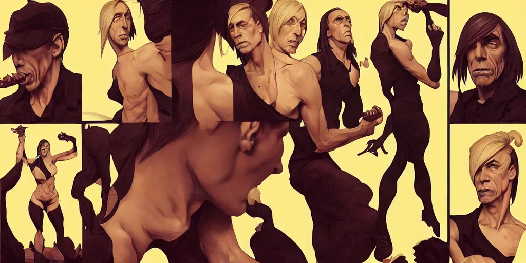 Image similar to iggy pop eating dinner, character sheet, character design, contrast, deep focus, turnaround, highly detailed, dramatic lighting, digital painting, artstation, concept art, matte, sharp focus, illustration, elegant, art by artgerm and greg f and alphonse mucha.