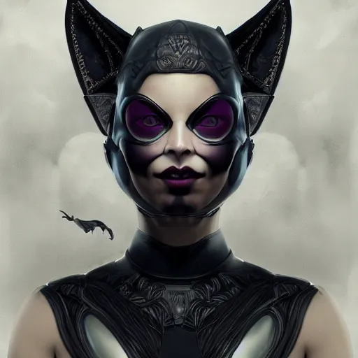 Image similar to actionism, soft painting curiosities carnival, beautiful cat woman in full nightshade armor, symmetry accurate features, focus, very intricate ultrafine details, black white purple volumetric clouds, award winning masterpiece, octane render 8 k hd, tom bagshaw artstyle