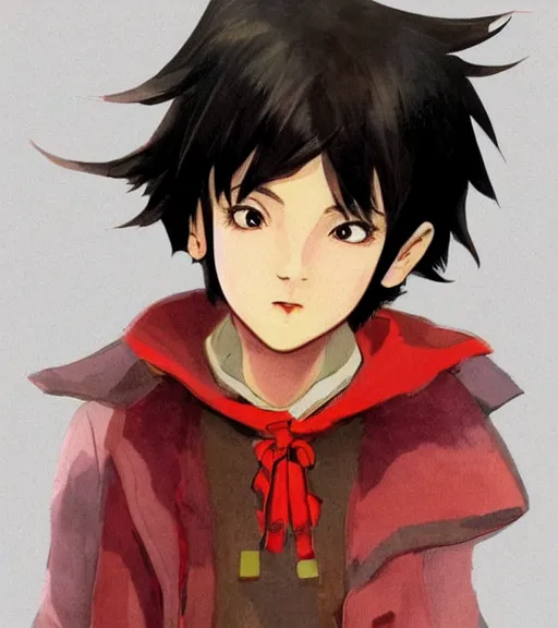 Prompt: attractive little boy character inspired in little red riding hood and narancia from jojo, digital artwork made by akihiko yoshida and makoto shinkai