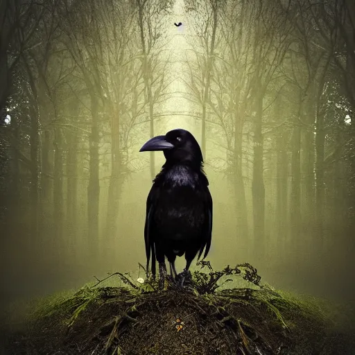 Image similar to crowman, mixture of a crow and human, werecrow, photograph captured in a dark forest