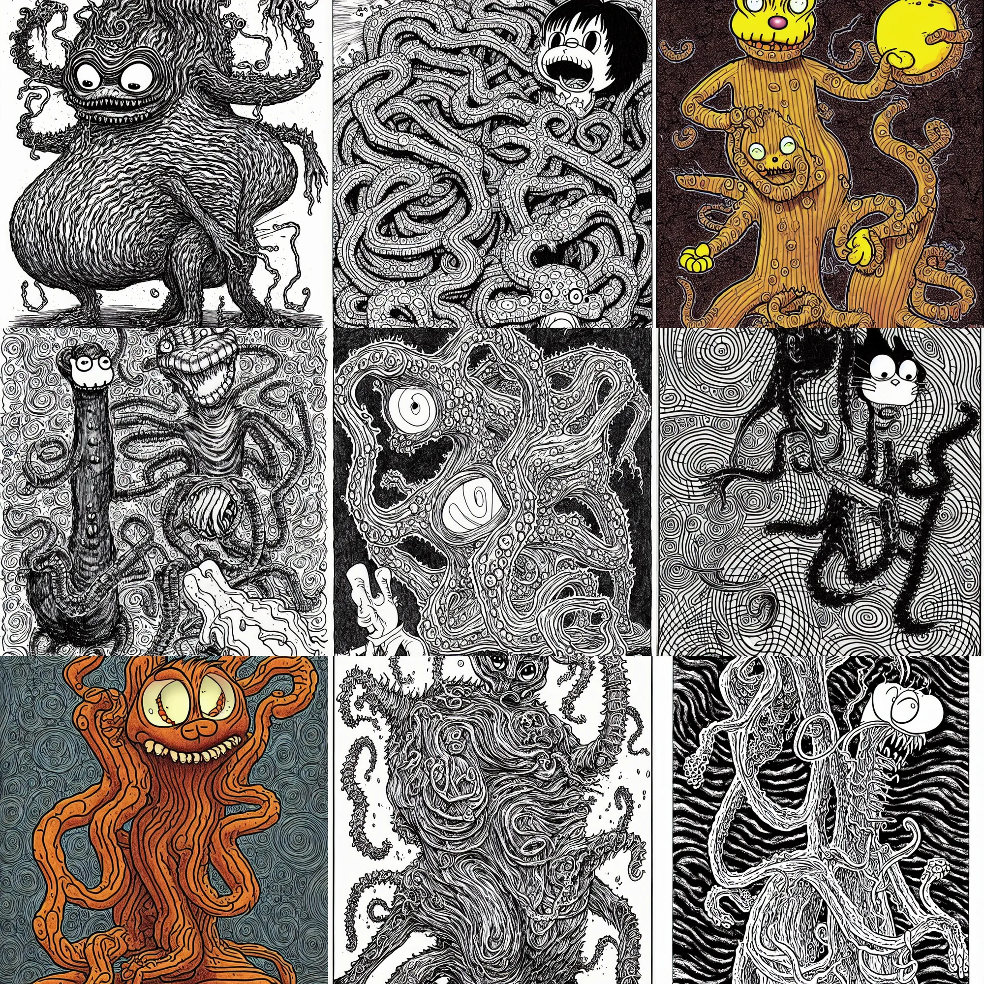 Prompt: Garfield as an eldritch abomination, illustrated by Junji Ito, Lovecraftian, line art