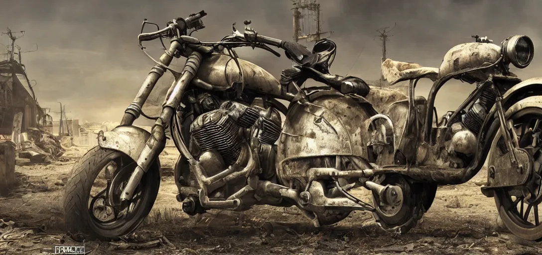 Image similar to fallout motorcycle, 8 k photorealistic, hd, high details, trending on artstation