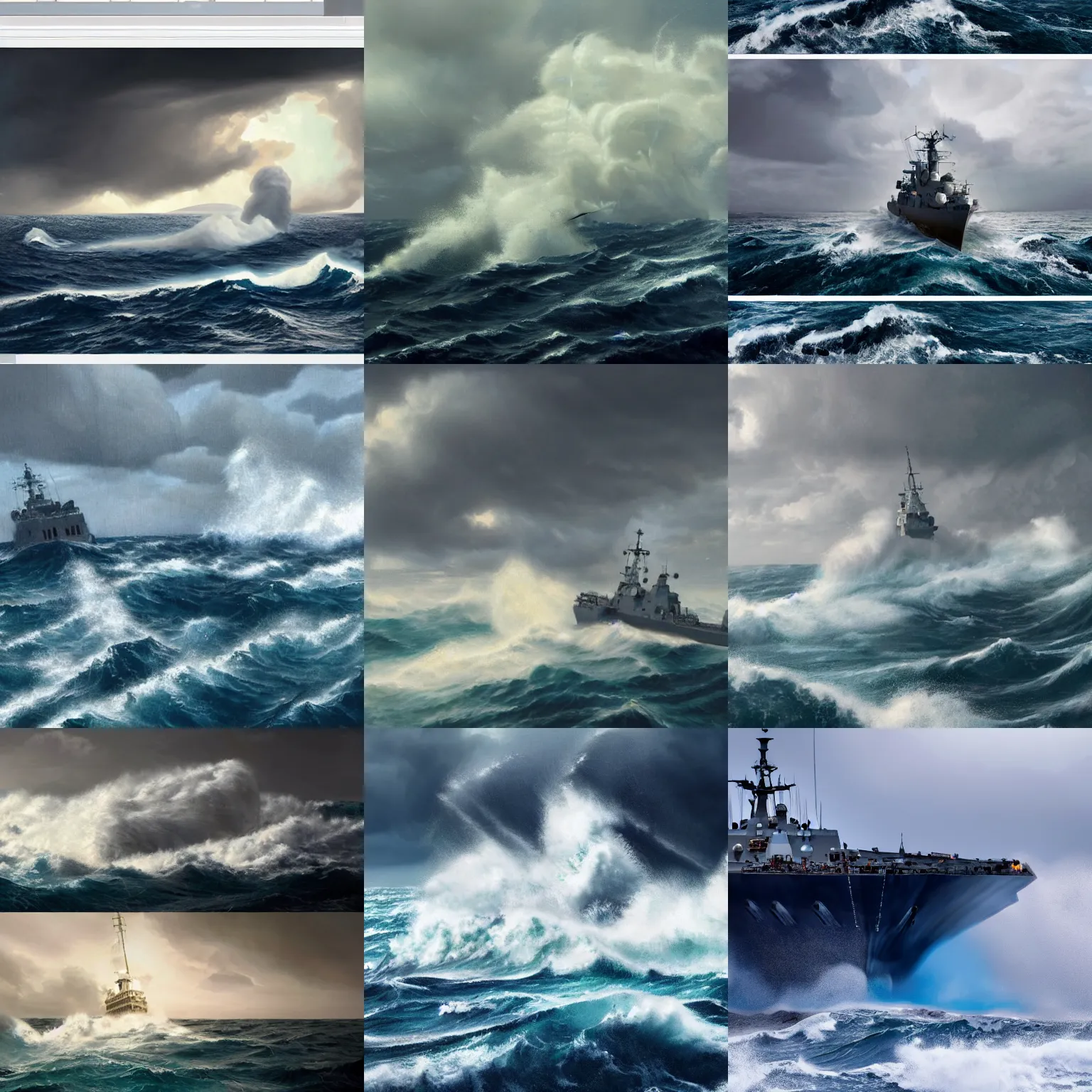 Prompt: a warship sinking in the middle of a stormy ocean, large waves crashing over it, a detailed matte painting by richard wilson, trending on unsplash, environmental art, creative commons attribution, associated press photo, furaffinity