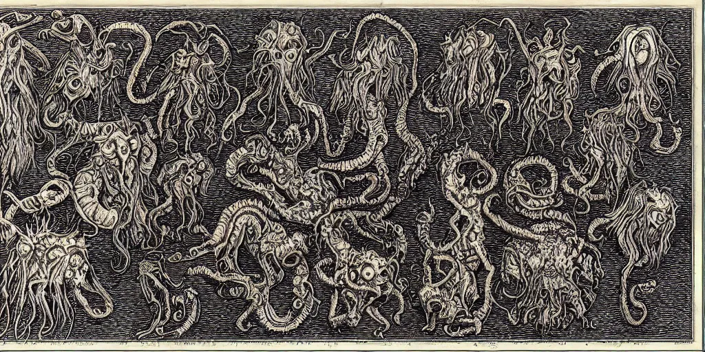 Image similar to detailing reference sheet of lovecraftian unnamed creatures in the style of copper plate etching