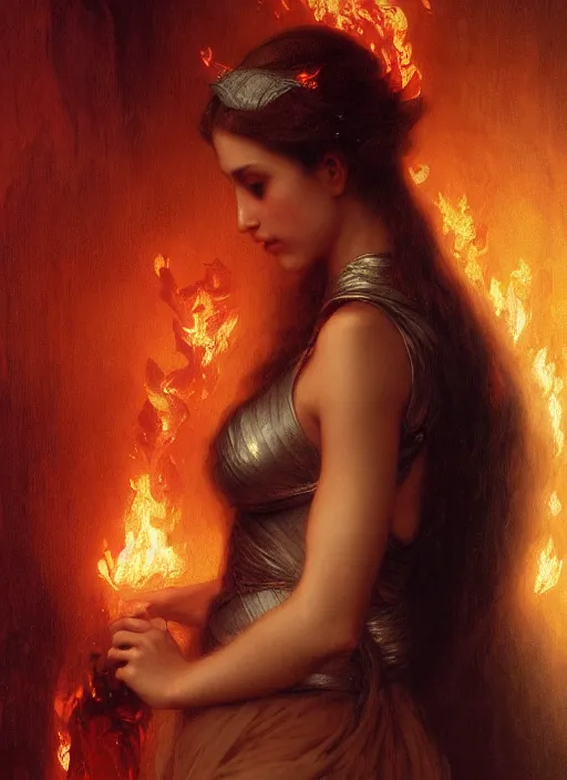 Prompt: Girl at a fashion show in hell, fire, lava, intricate, elegant, highly detailed, artstation, concept art, smooth, sharp focus, illustration, art by and greg rutkowski and orientalism and bouguereau