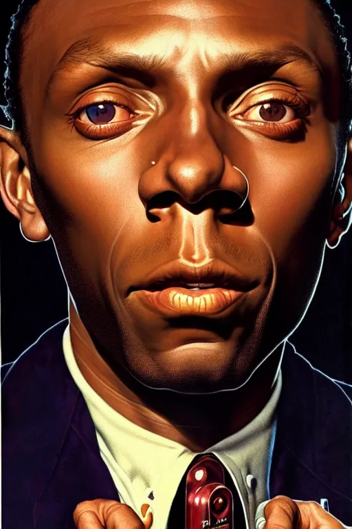 Image similar to mos def portrait by gil elvgren and norman rockwell and rob gonsalves and hajime sorayama, hyperrealistic, high detail, ultra detailed, highly detailed face, ruffled fabric