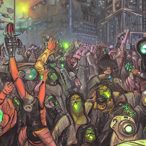 Prompt: a moshpit full of cyberpunk robots