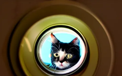 Prompt: The cat looks out the porthole, background planet in space