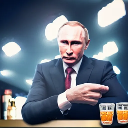 Prompt: a selfie of person looking like vladimir putin sitting on bar, hand on table, rolex watches, taken in night club, blur background, style like real photo