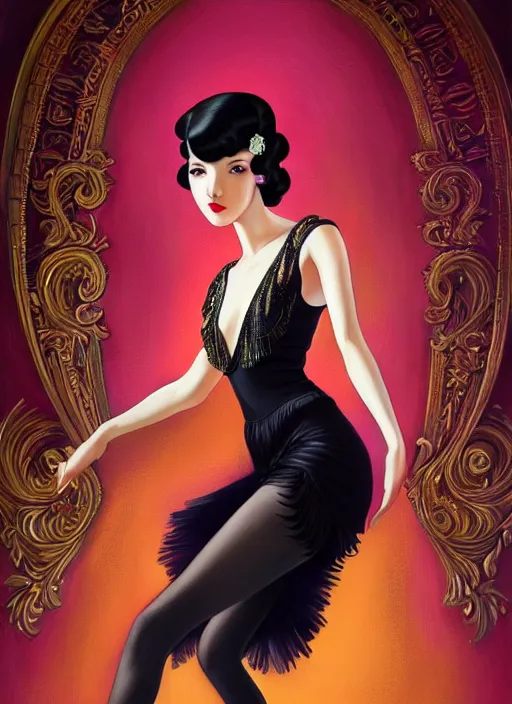 Image similar to a beautiful dancer with black hair in 1930's fashion, ballroom background, intricate, highly detailed, digital painting, artstation, official media, anime key visual, concept art, rich vivid colors, ambient lighting, sharp focus, illustration, art by Artgerm, Makoto Shinkai, Ilya Kuvshinov, Lois Van Baarle, and Rossdraws