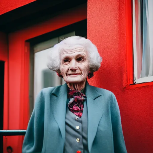 Prompt: Medium Shot portrait of a very well-dressed old lady in a balcony of a red hotel, photo made by Wes Anderson award winning, 4K