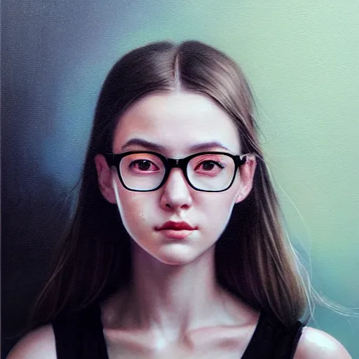Prompt: Facial portrait of a pretty cute nerdy girl, looking at the camera, slight awkward smile, lips slightly parted, no hands visible, extremely detailed painting by Greg Rutkowski and by Henry Justice Ford and by Harumi Hironaka