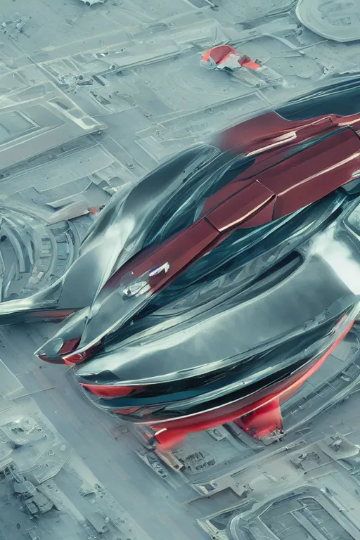 Image similar to professional photograph of a beautiful neo - futuristic simplified symmetrical spacecraft on a desert spaceport by ilm, denis villeneuve, emmanuel shiu, zaha hadid, vapor, cinematic architectural scale, red paint detail, manga, dramatic, volumetric, concept art, hard surface, hyperrealism, high detail, trending on artstation, sharp focus, rendered in octane