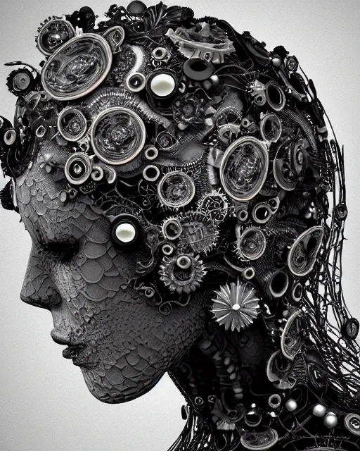 Image similar to mythical dreamy black and white organic bio-mechanical spinal ribbed profile face portrait detail of translucent steampunk beautiful female angelic-human-queen-vegetal-cyborg, highly detailed, intricate trnaslucent ivy jelly ornate, poetic, translucent roses ornate, 3D render, digital art, octane render, 8K artistic photography, photo-realistic, by Dora Maar