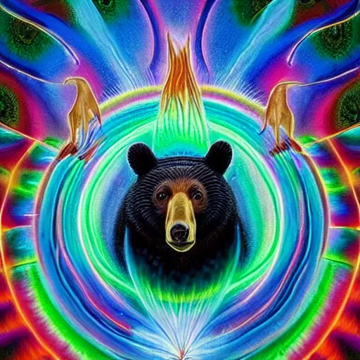 Prompt: bear spinning fire poi sitting on a peacock, painted by lisa frank, alex grey and tim hildebrandt, volumetric lighting, hyper realism, highly detailed, dmt, lsd, psilocybin, sharp focus, sharp contrast, 8 k