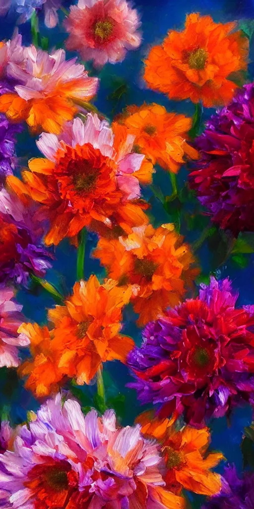 Image similar to a beautiful image of flowers, close up, detail, oil painting, orange, blue & magenta shadows, Jacob van Huysum, very detailed, trending on artstation