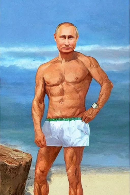 Image similar to Putin on a beach in shorts, full character, hyper realistic, highly detailed