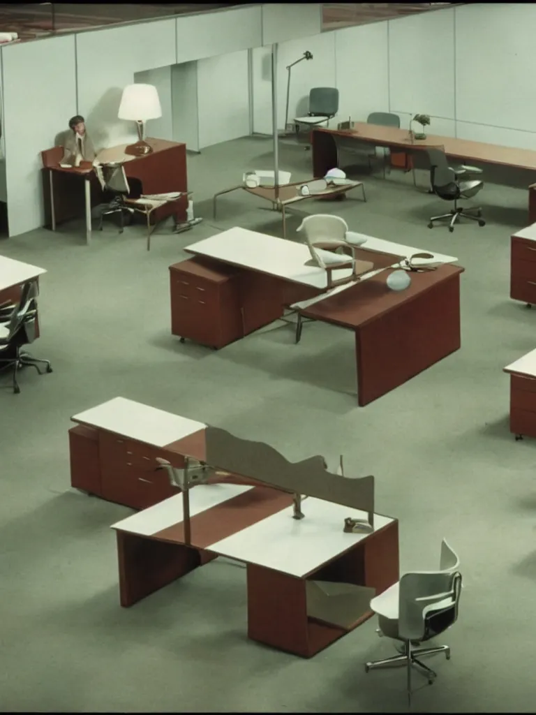 Image similar to a still of severance series indoor 7 0 s furniture office scenario appearing in a film of jacques tati