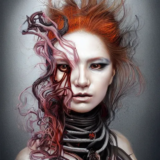 Prompt: portrait of a Shibari rope wrapped face and neck, headshot, insanely nice professional hair style, dramatic hair color, digital painting, of a 17th century cyborg merchant, amber jewels, baroque, ornate clothing, scifi, realistic, hyper detailed, chiaroscuro, concept art, art by Franz Hals and Jon Foster and Ayami Kojima and Amano and Karol Bak,