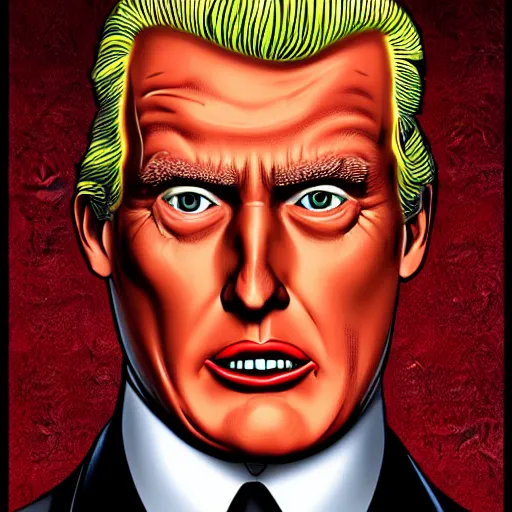 Image similar to character portrait inspired by max headroom and donald trump, digital art work made by brian bolland, highly detailed macabre face, realistic