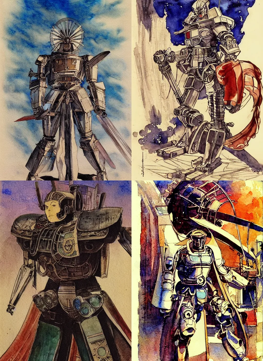 Prompt: vintage anime cinematic robot warrior by Leonardo da Vinci, watercolor concept art by Syd Mead, by william herbert dunton, watercolor strokes, japanese woodblock, by Jean Giraud