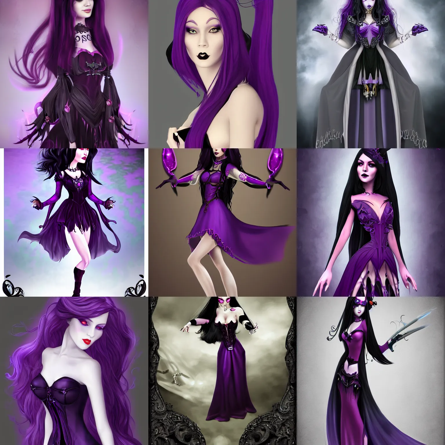 Prompt: a woman in a purple dress with long black hair, a character portrait by xul solar, featured on polycount, gothic art, goth, gothic, deviantart hd