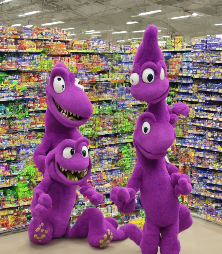 Prompt: barney the dinosaur takes over tesco