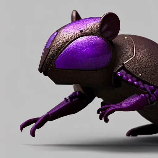 Prompt: armored mouse warrior reaching for a purple crystal, trending on Artstation, octane render, 8k, UHD