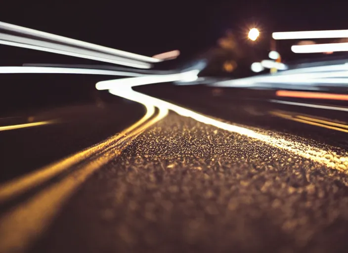 Image similar to a 2 8 mm macro photo of trailing streaked car lights on a winding mountain highway, long exposure at night, splash art, movie still, bokeh, canon 5 0 mm, cinematic lighting, dramatic, film, photography, golden hour, depth of field, award - winning, anamorphic lens flare, 8 k, hyper detailed, 3 5 mm film grain, hazy