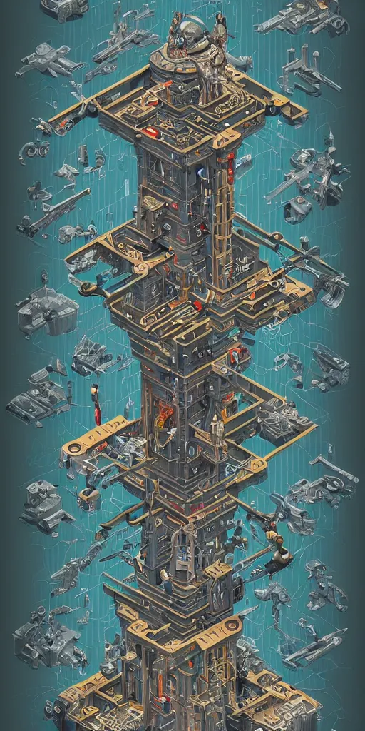 Image similar to isometric anatomy of the terminator, robot, cyborg, t100, diagrams, mystical, intricate ornamental tower floral flourishes, technology meets fantasy, map, infographic, concept art, art station, style of monument valley, giger, wes anderson