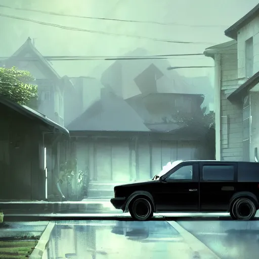 Image similar to a black van parked in front of an expensive modern house in a nice neighborhood, dramatic lighting, illustration by Greg rutkowski, yoji shinkawa, 4k, digital art, concept art, trending on artstation