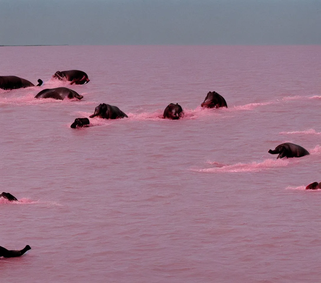 Image similar to a 3 5 mm photography, kodachrome colour of 3 0 hippos running in a pink lake, taken by martin parr