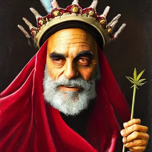 Prompt: stoner King Tommy Chong wears a doublet whilst wearing a red velvet cape and OG Kush Indica cannabis crown alexanre benois edward julius detmold jehan choo jeff simpson raphael lacoste guillem h. pongiluppi grisaille