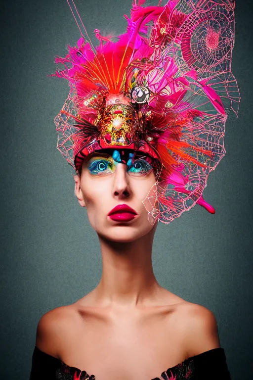 Image similar to woman with headdress, alexander mcqueen, flamingo baroque style, panfuturism, clockwork, floral, spider web, epic, hybrid, extravagant, retro futuristic, bold natural colors, masterpiece, trending on artstation, photography