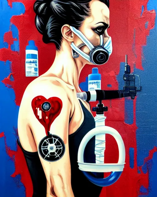 Prompt: portrait of a rogue agent wearing oxygen mask, has blood, rose, a pistol and a syringe needle with sea background intricate details with horror side profile by Sandra Chevrier
