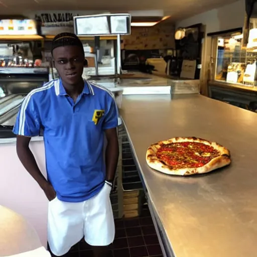 Prompt: a young jamaican man who is short and wears glasses working at the pizza place called domino's