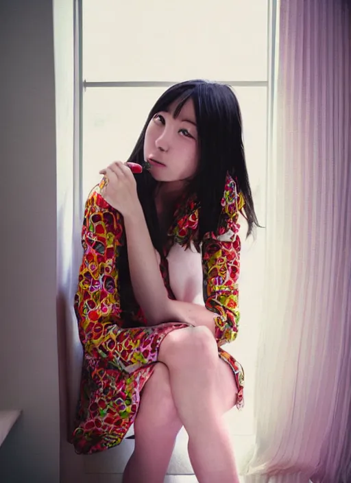 Image similar to photography girl looking sitting next to window by mika ninagawa