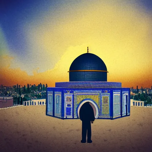 Image similar to a beautiful illustration of dome of the rock jerusalem and f a muslim is praying in front of it, digital art, trending on artstation